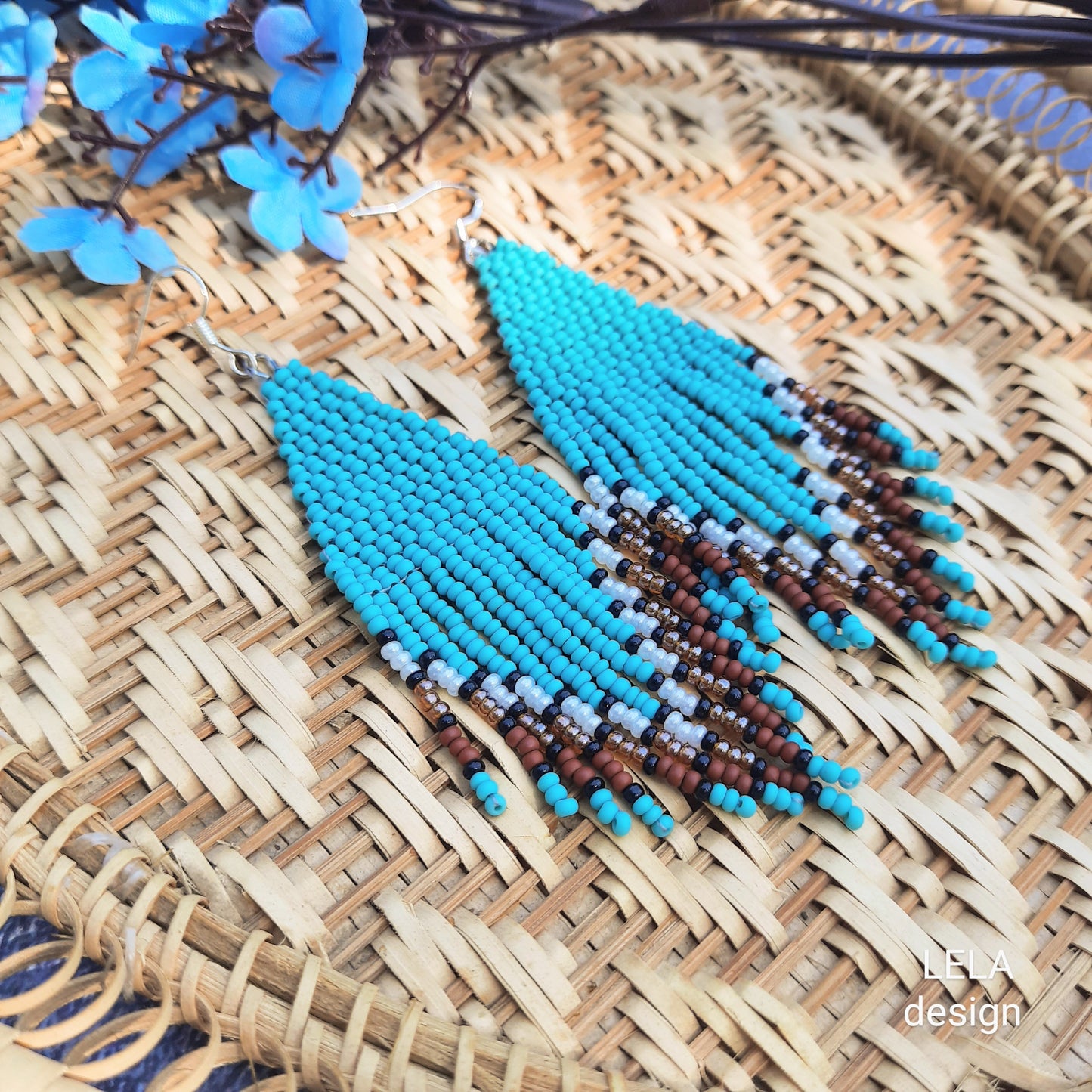 Handmade turquoise beaded fringe earrings