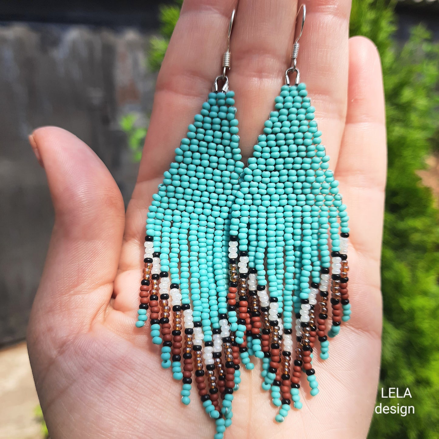 Handmade turquoise beaded fringe earrings