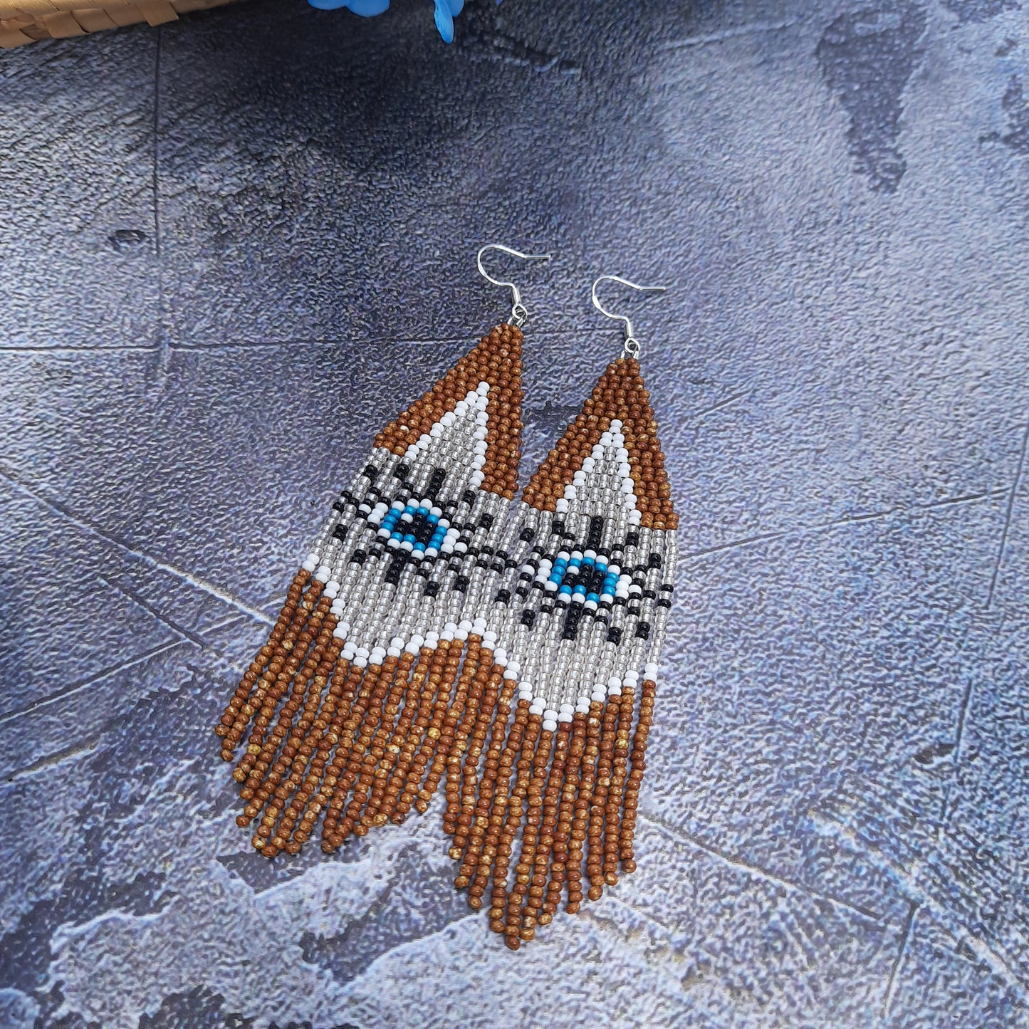 Handmade Beaded Fringe Earrings Evil Eye