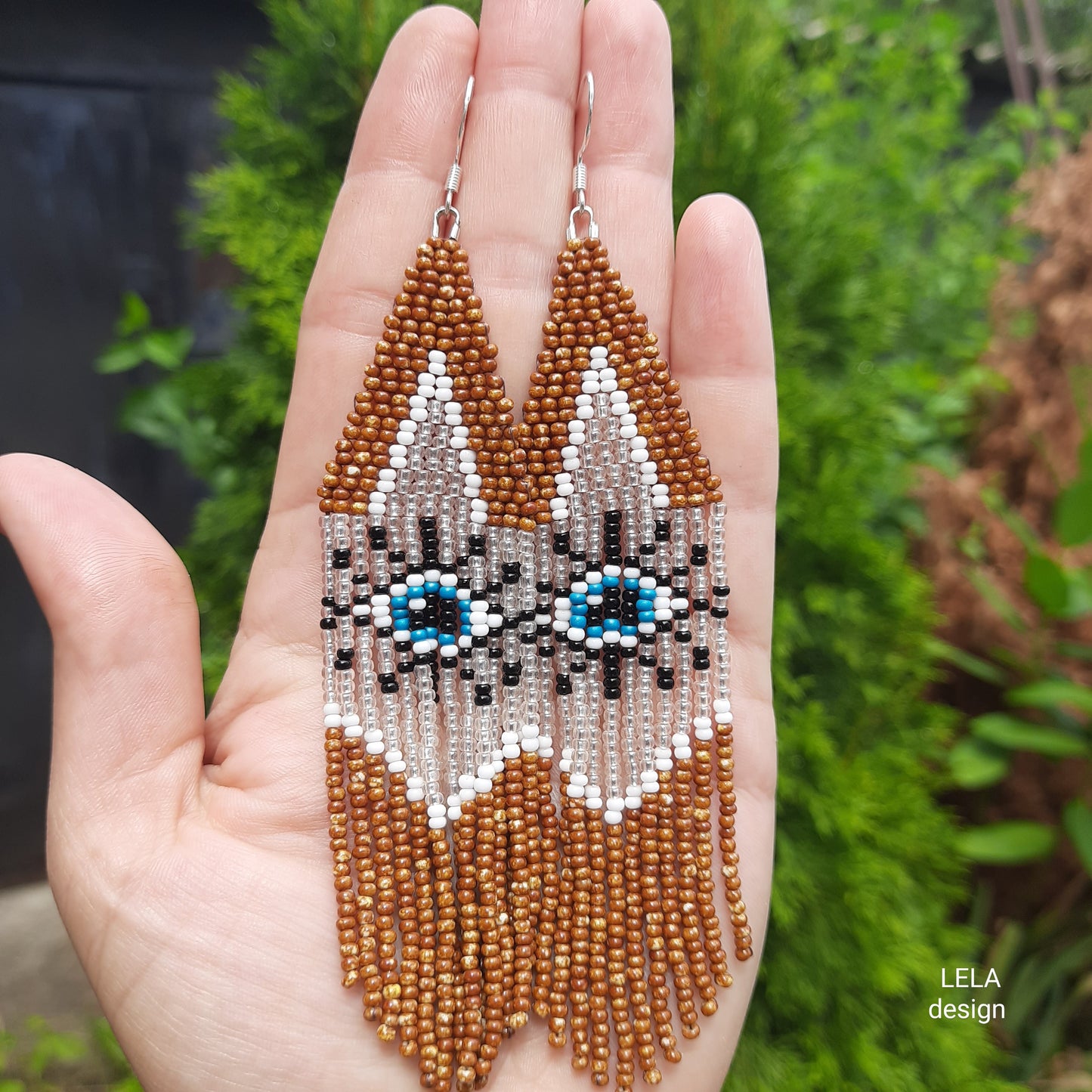 Boho Beaded Earrings with Czech Beads | Brown, Blue, White