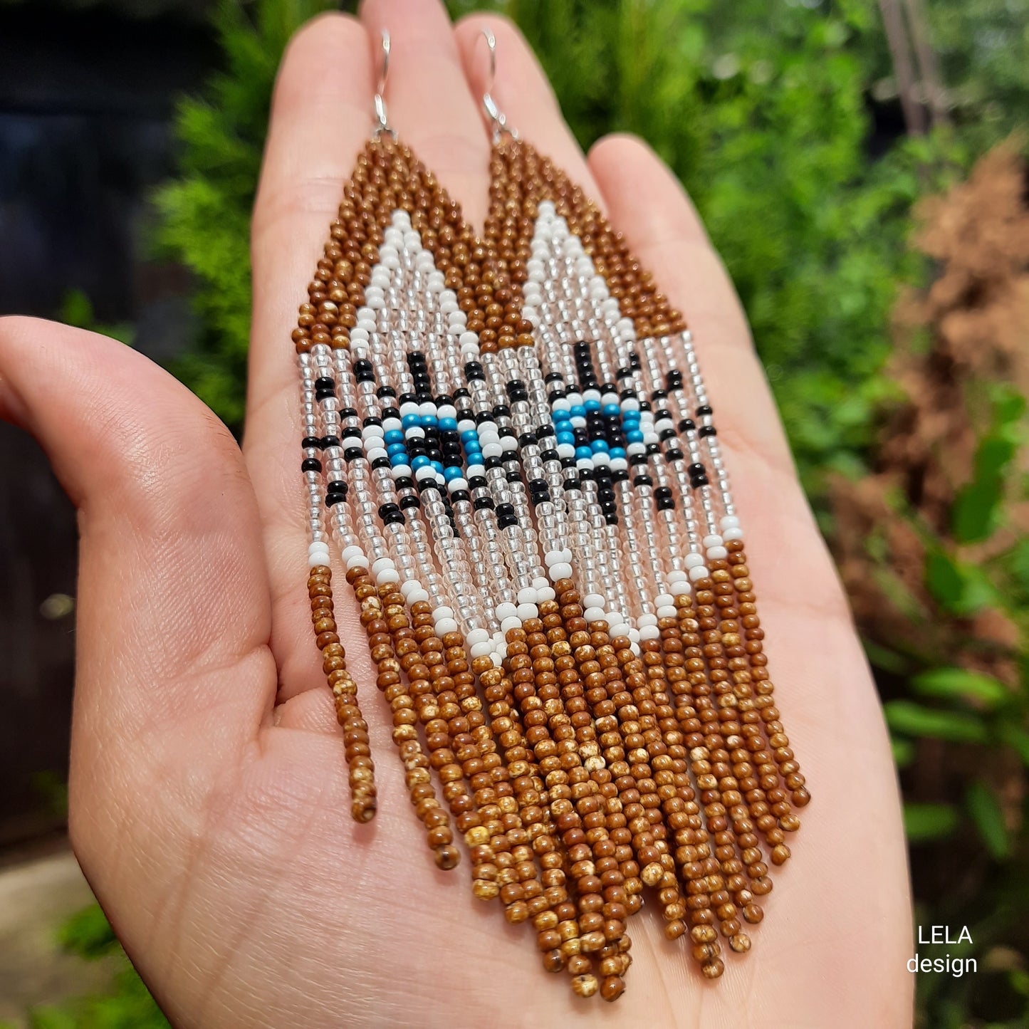 Boho Beaded Earrings with Czech Beads | Brown, Blue, White