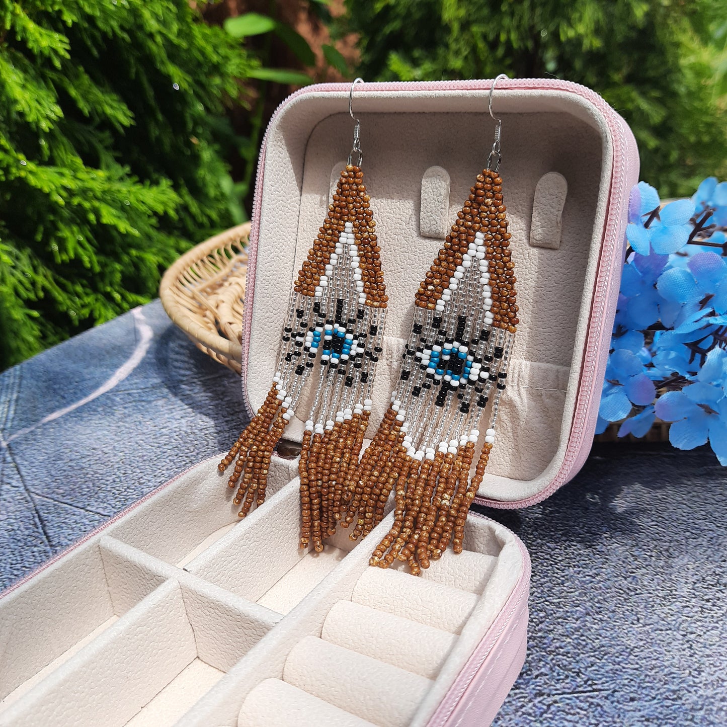Boho Beaded Earrings with Czech Beads | Brown, Blue, White