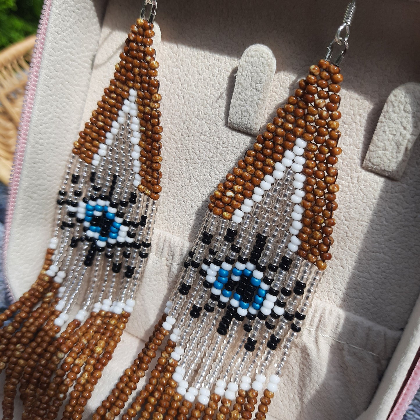 Boho Beaded Earrings with Czech Beads | Brown, Blue, White