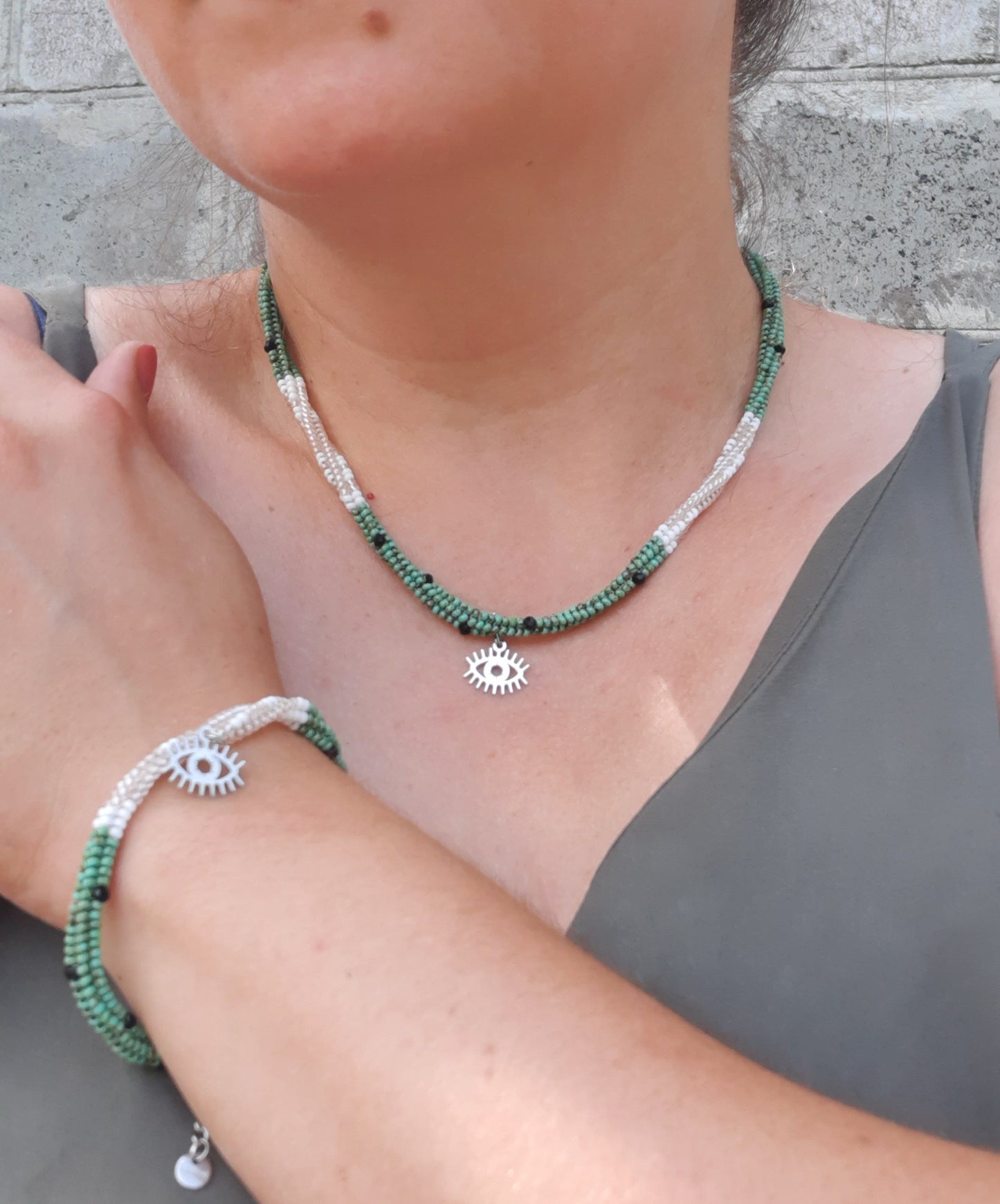 Handmade Beaded Necklace & Bracelet Set 2 in 1, Evil Eye Jewelry Set