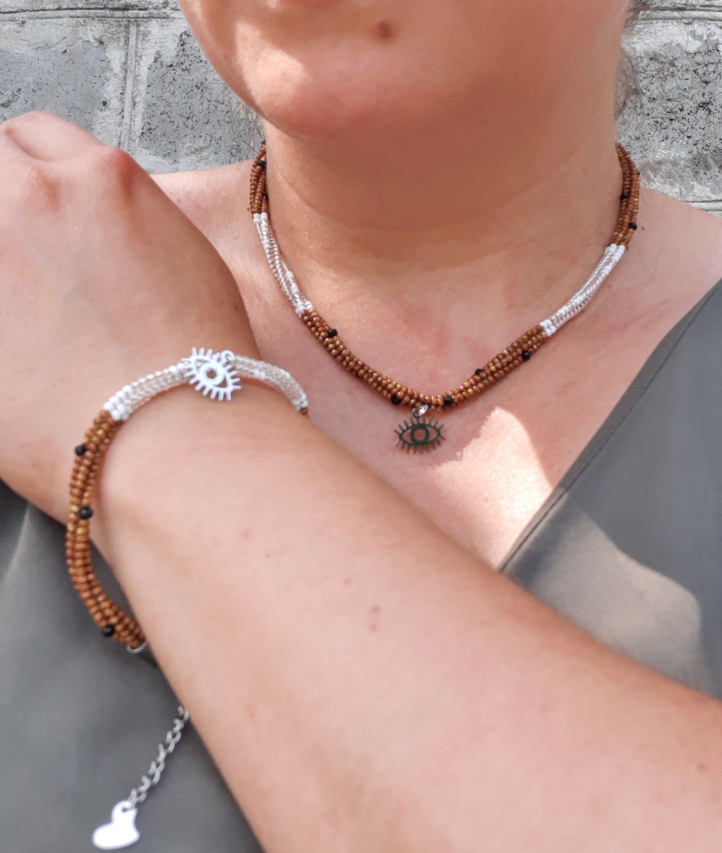 Handmade Beaded Necklace & Bracelet Set 2 in 1, Evil Eye Jewelry Set