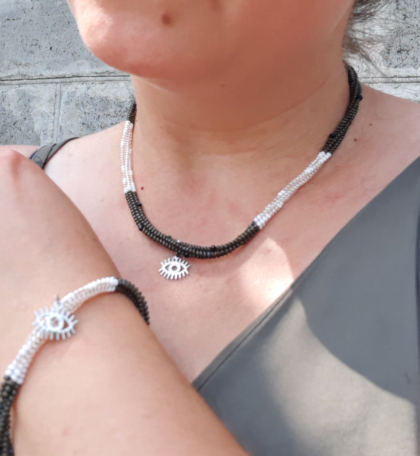 Handmade Beaded Necklace & Bracelet Set 2 in 1, Evil Eye Jewelry Set