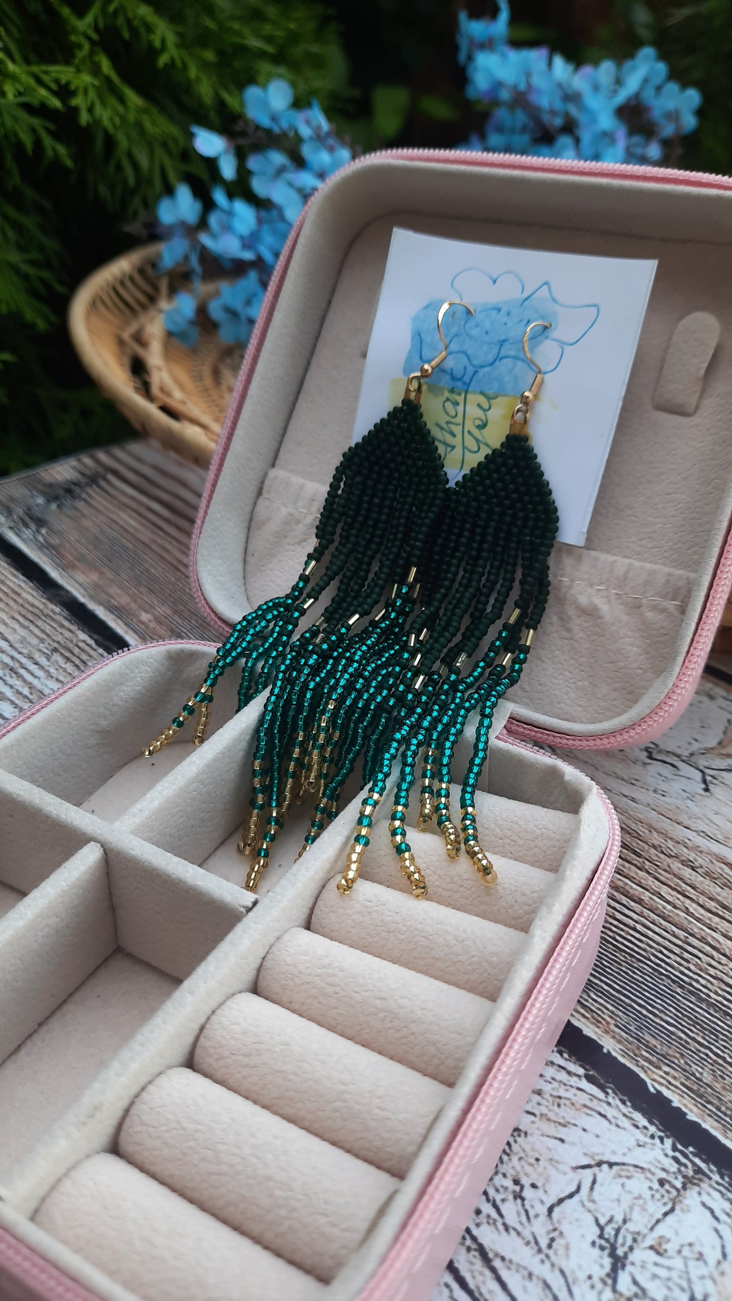 Earrings in Dark Green and Gold Gradient