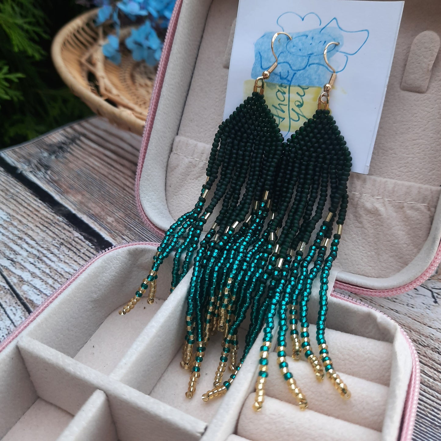 Earrings in Dark Green and Gold Gradient