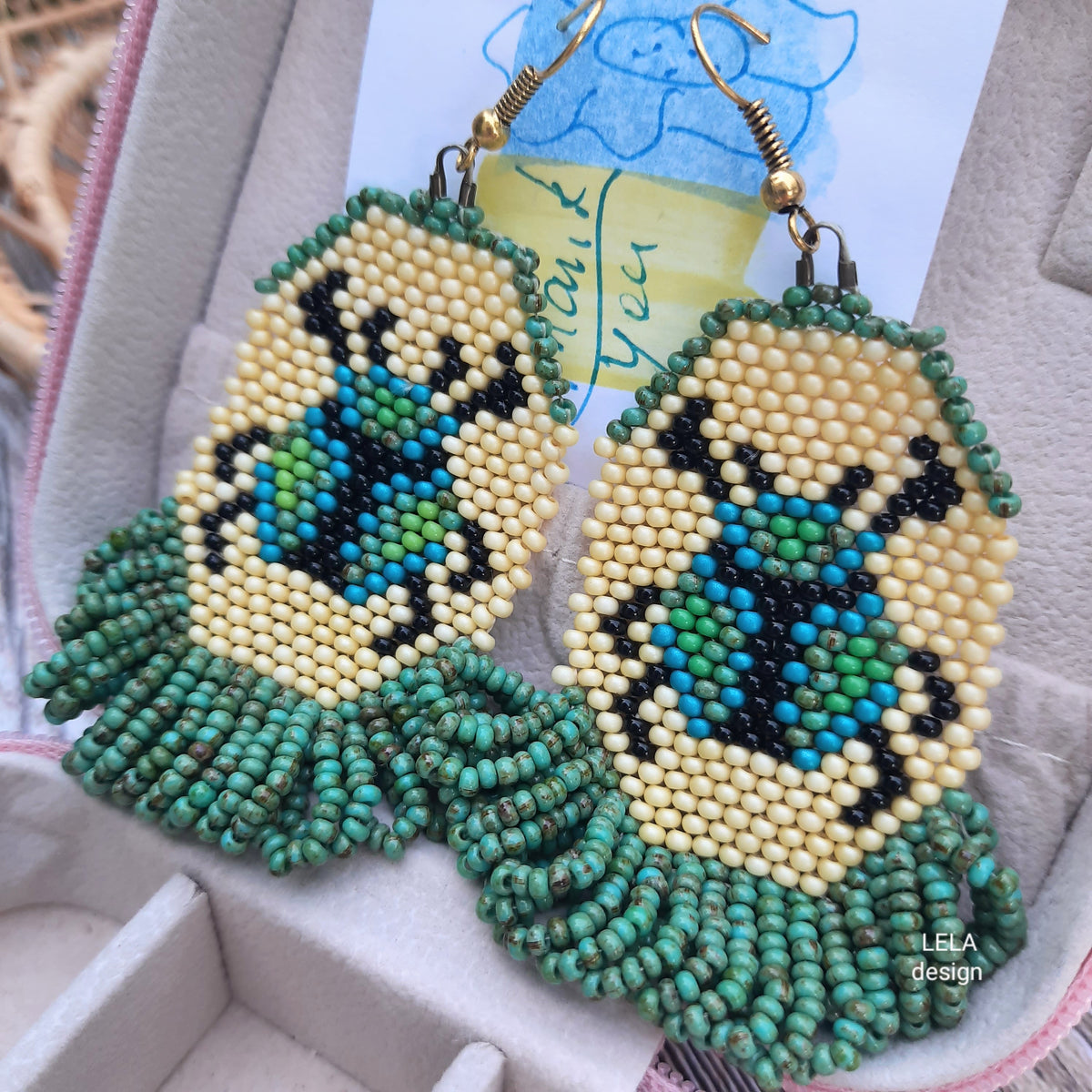 Handmade Beaded Beetle Earrings, Green Beige Insect Jewelry