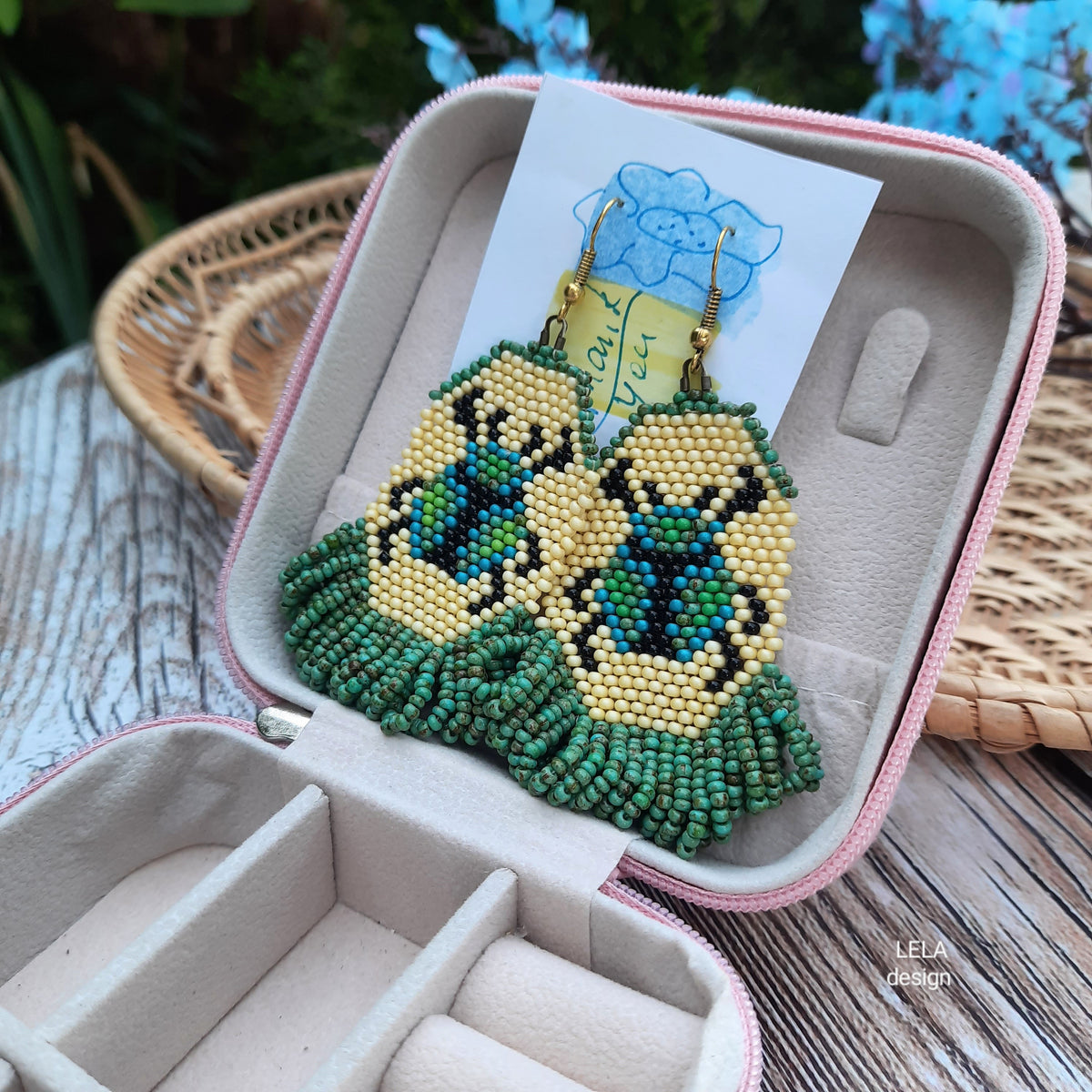 Handmade Beaded Beetle Earrings, Green Beige Insect Jewelry