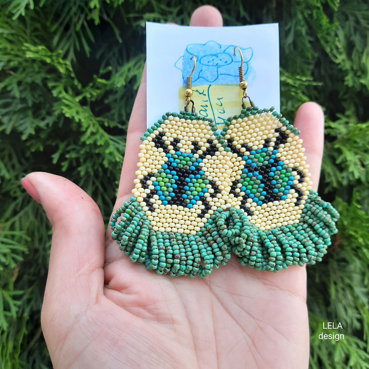 Handmade Beaded Beetle Earrings, Green Beige Insect Jewelry
