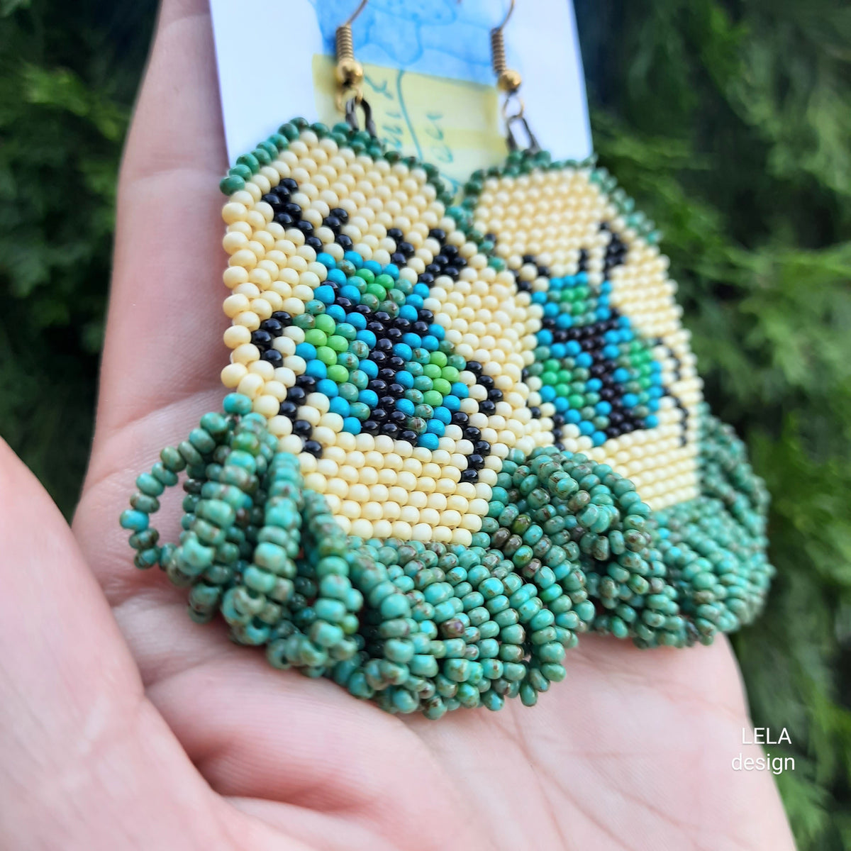 Handmade Beaded Beetle Earrings, Green Beige Insect Jewelry