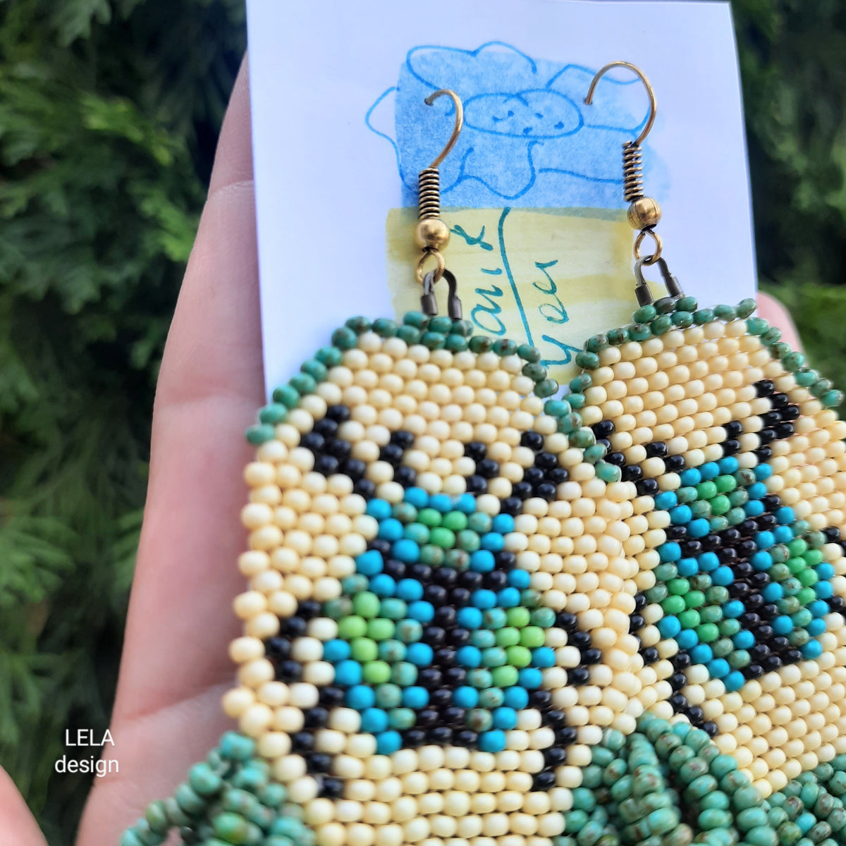 Handmade Beaded Beetle Earrings, Green Beige Insect Jewelry