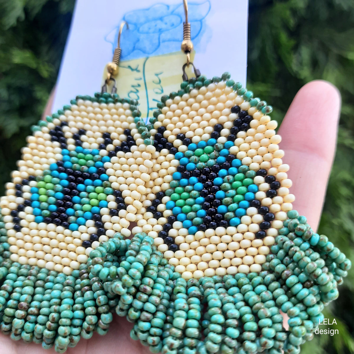 Handmade Beaded Beetle Earrings, Green Beige Insect Jewelry