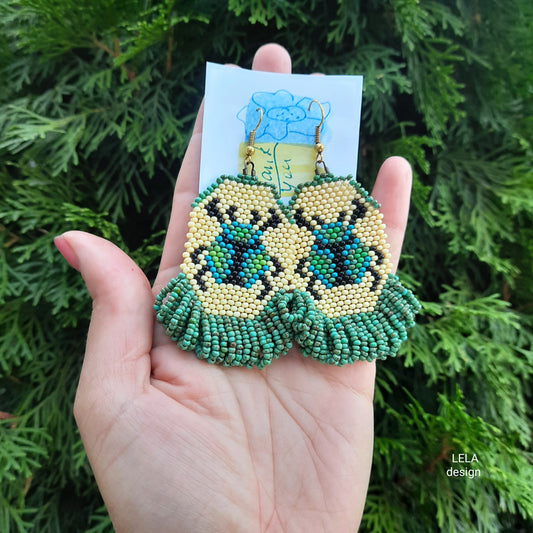 Handmade Beaded Beetle Earrings, Green Beige Insect Jewelry