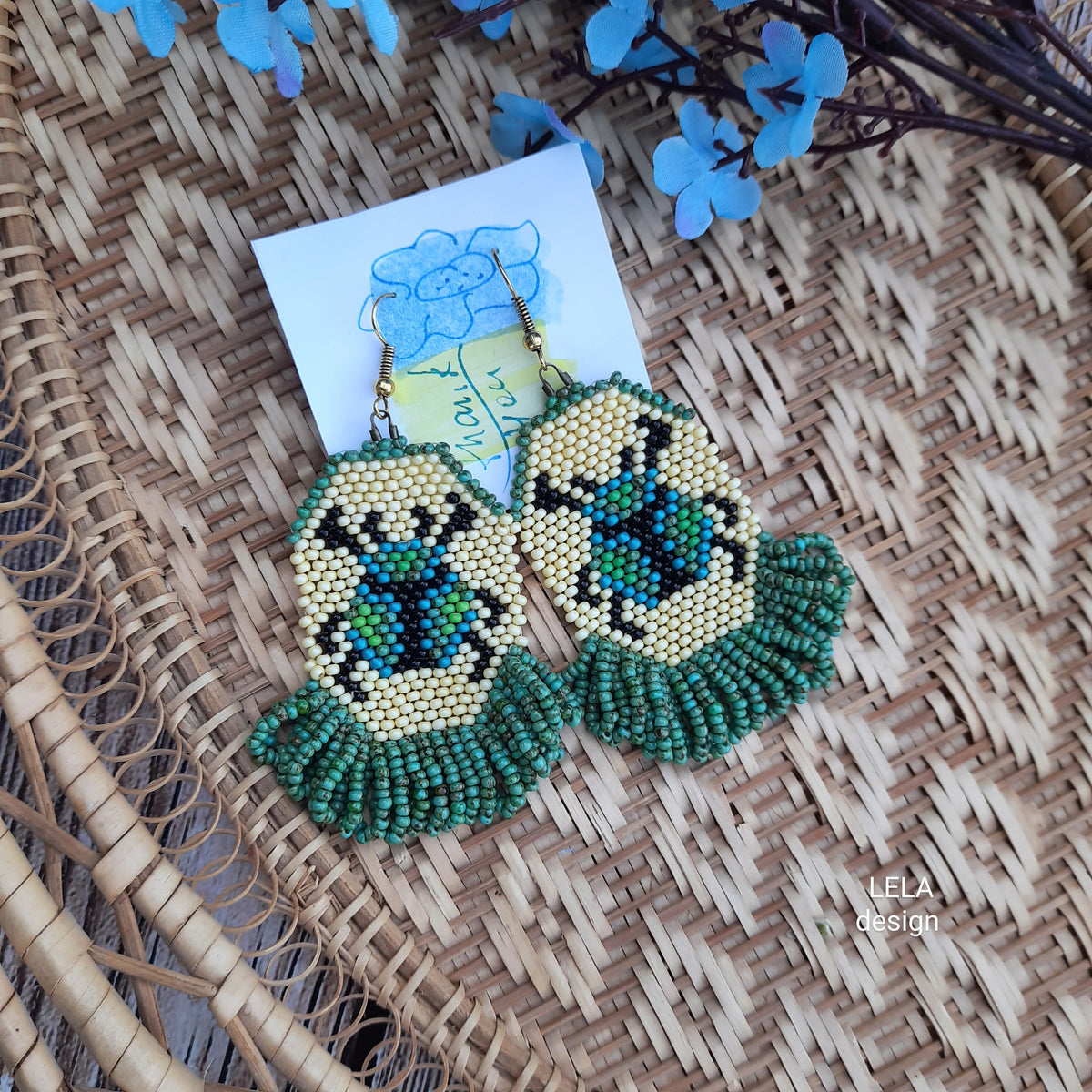 Handmade Beaded Beetle Earrings, Green Beige Insect Jewelry