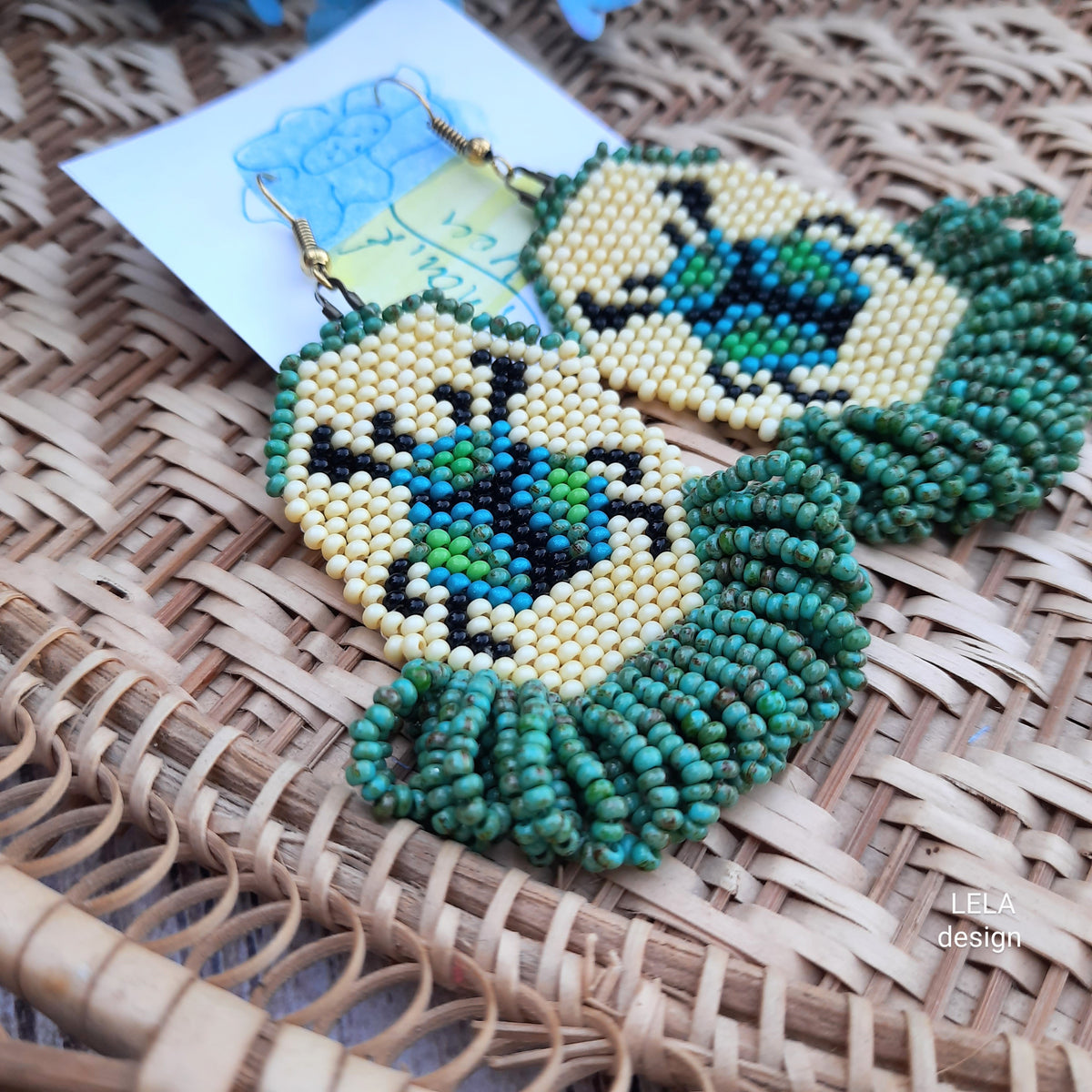 Handmade Beaded Beetle Earrings, Green Beige Insect Jewelry