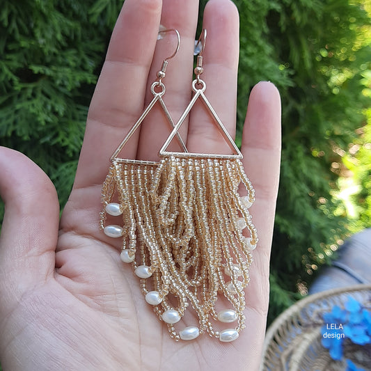 Handmade Gold Beaded Fringe Earrings with Pearls, Triangle Boho Statement Jewelr