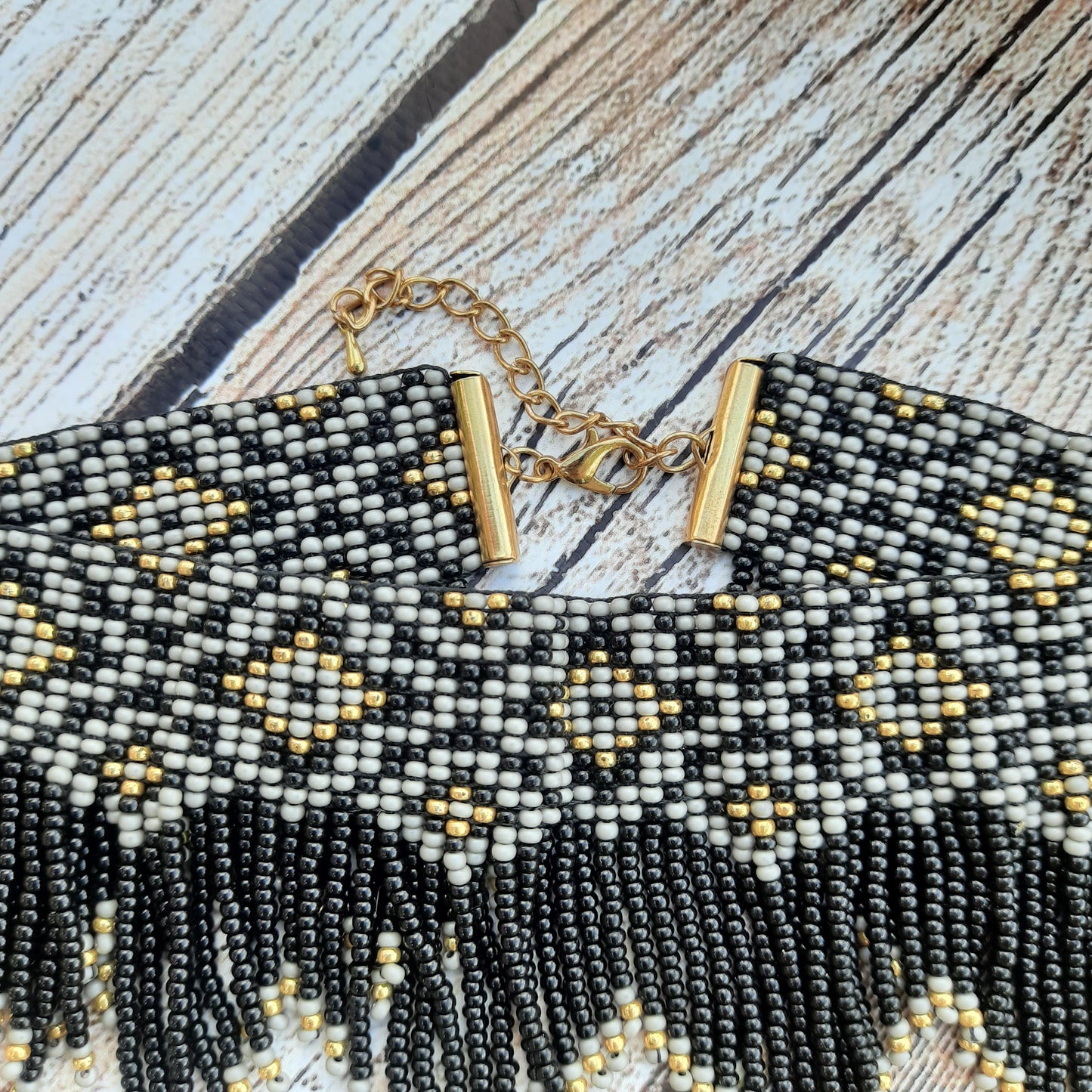 Black and Gold Beaded Fringe Necklace – Handmade Boho Statement Jewelry
