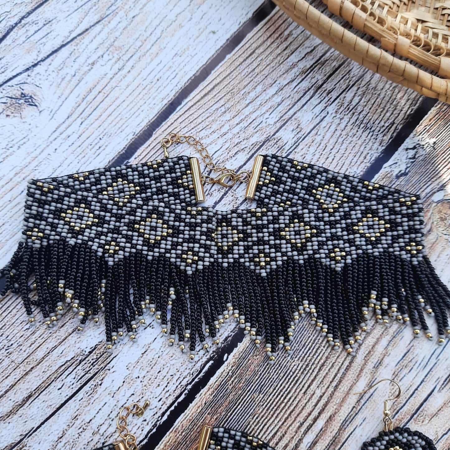 Black and Gold Beaded Fringe Necklace – Handmade Boho Statement Jewelry