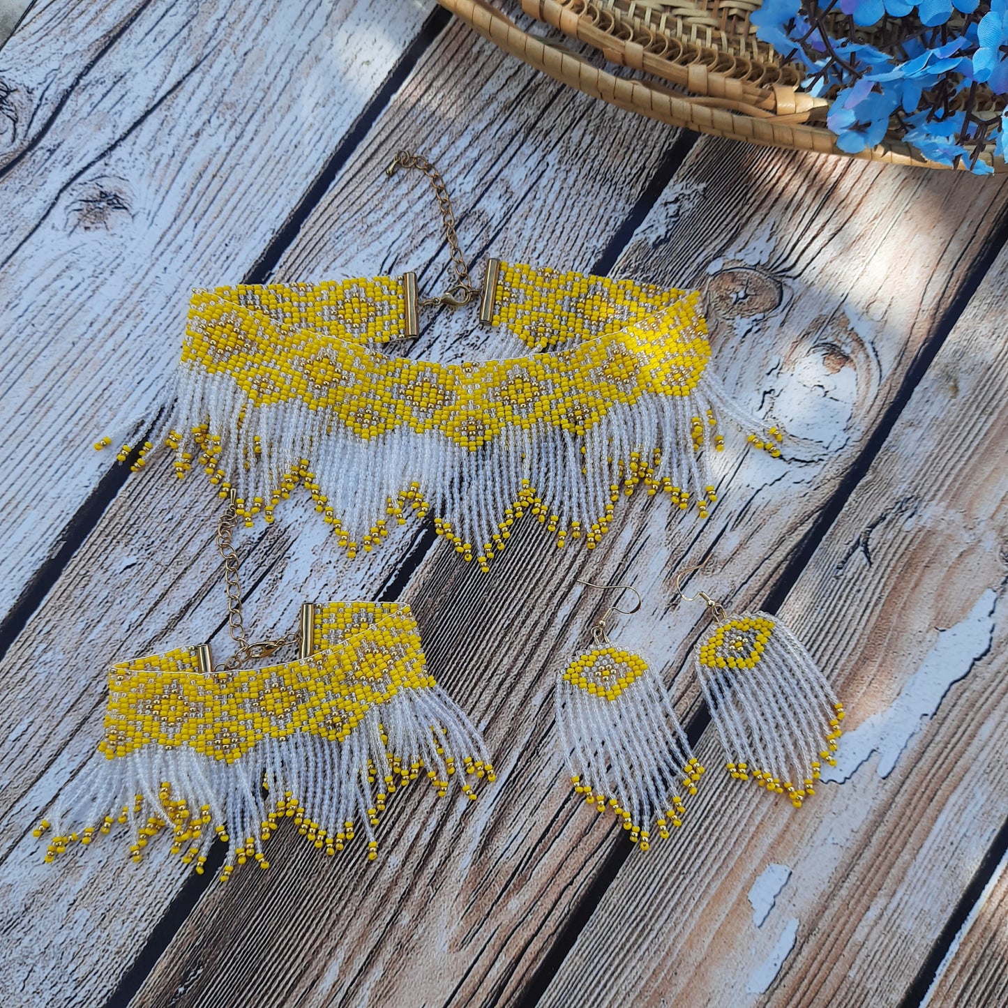 Beaded Jewelry Set 3 in 1, Fringe Necklace Bracelet Earrings