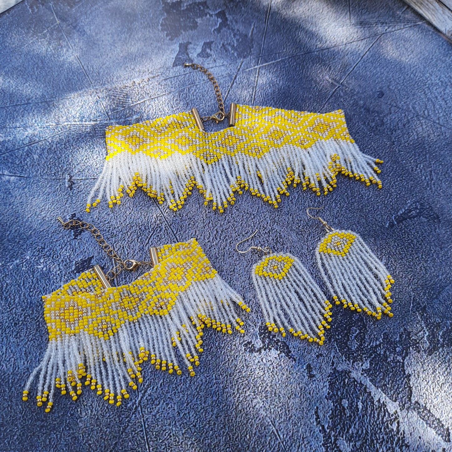 Beaded Jewelry Set 3 in 1, Fringe Necklace Bracelet Earrings
