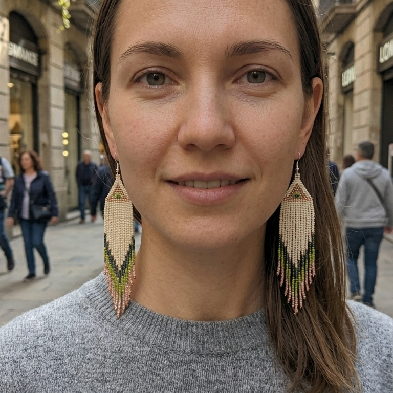 Handmade fringe earrings with green and peach accents