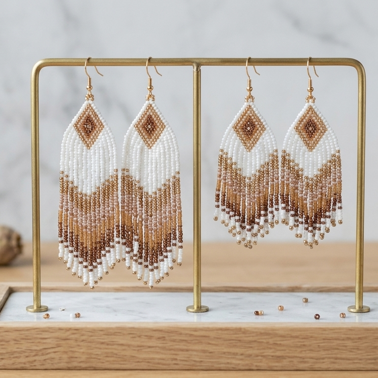 Handmade white and gold fringe earrings for women