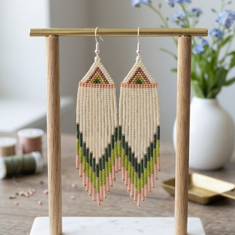 Cream beaded fringe earrings handmade long dangle jewelry