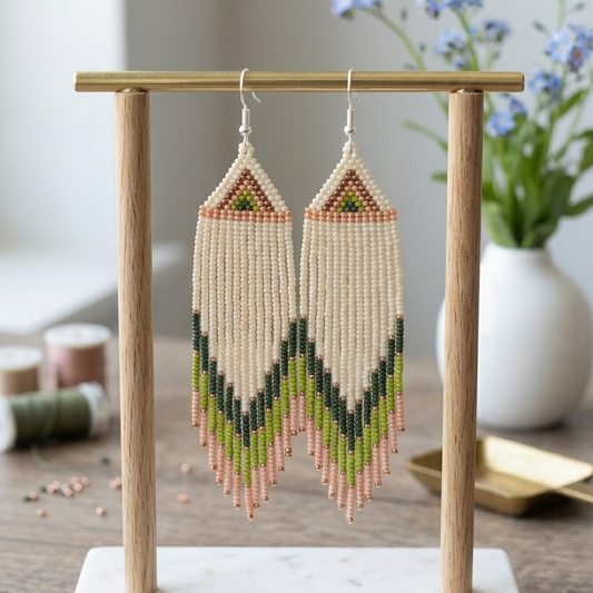 Cream beaded fringe earrings handmade long dangle jewelry