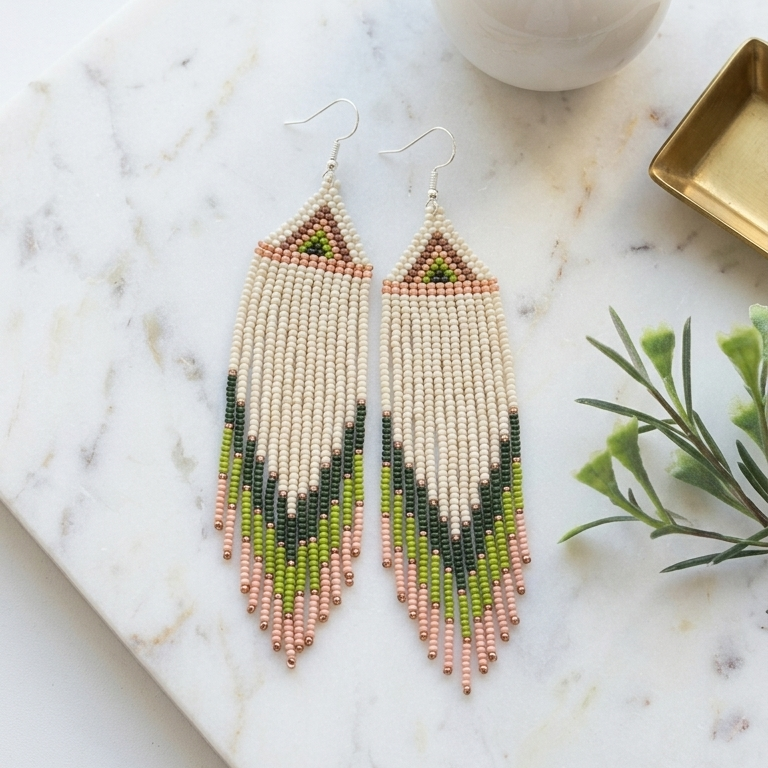 Long seed bead earrings in neutral cream tones