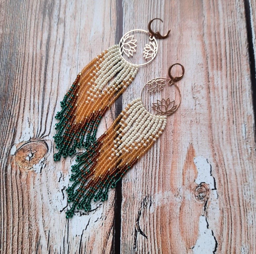 Boho Beaded Fringe Earrings with Lotus Charm – Handmade Christmas Jewelry Gift