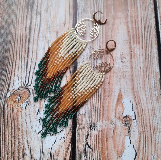 Boho Beaded Fringe Earrings with Lotus Charm – Handmade Christmas Jewelry Gift
