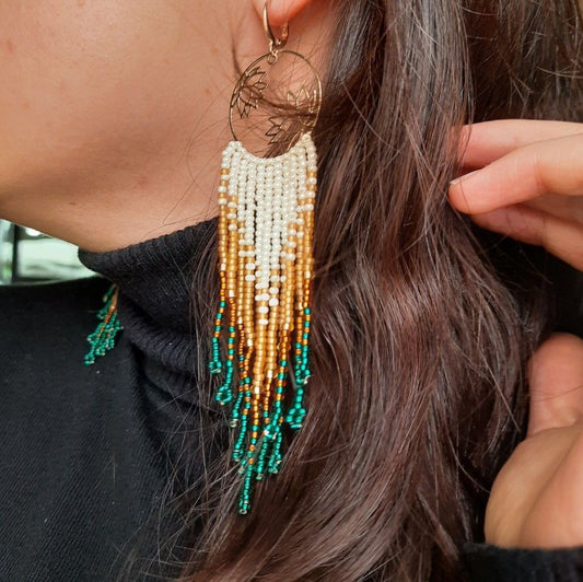 Boho Beaded Fringe Earrings with Lotus Charm – Handmade Christmas Jewelry Gift