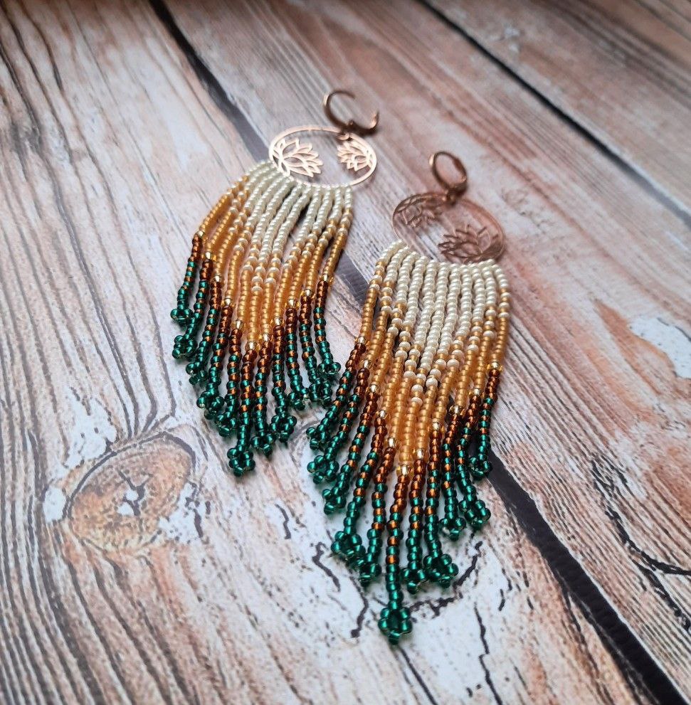 Boho Beaded Fringe Earrings with Lotus Charm – Handmade Christmas Jewelry Gift