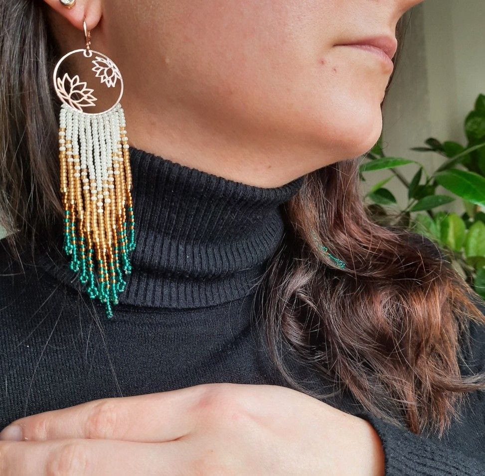 Boho Beaded Fringe Earrings with Lotus Charm – Handmade Christmas Jewelry Gift