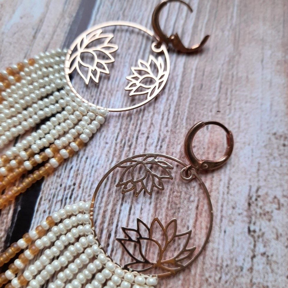Boho Beaded Fringe Earrings with Lotus Charm – Handmade Christmas Jewelry Gift