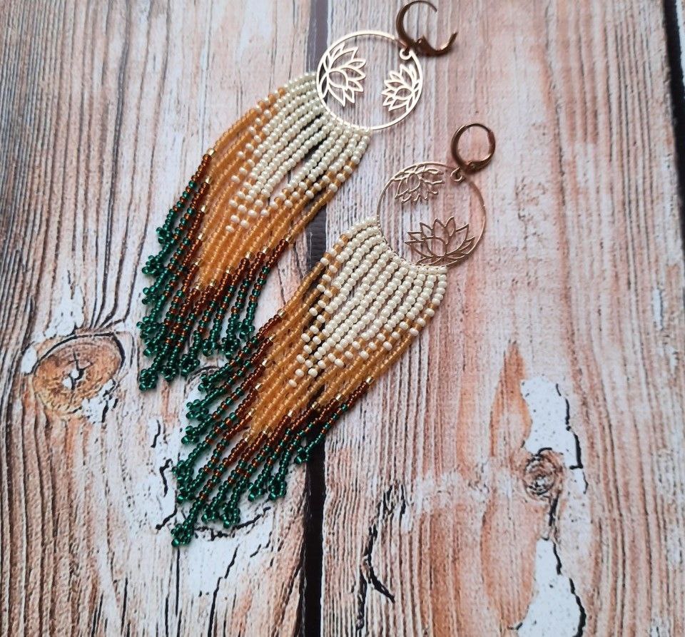 Boho Beaded Fringe Earrings with Lotus Charm – Handmade Christmas Jewelry Gift