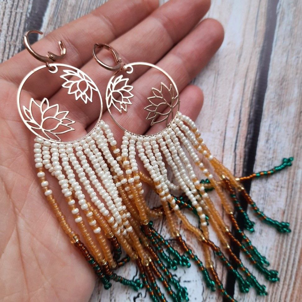 Boho Beaded Fringe Earrings with Lotus Charm – Handmade Christmas Jewelry Gift