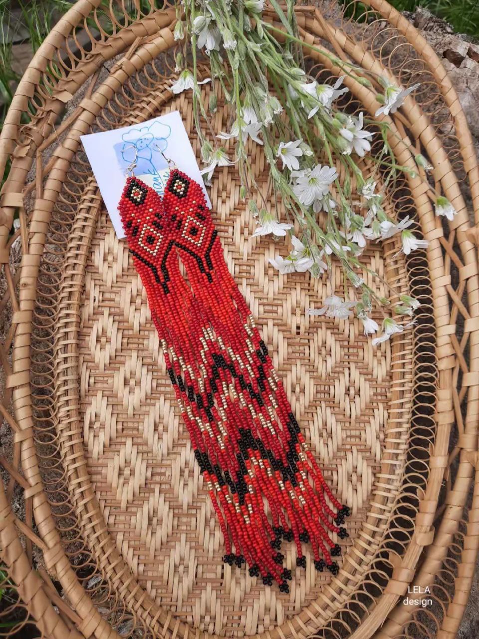 Handmade Long Red Seed Bead Earrings: Boho Tribal Fringe Jewelry