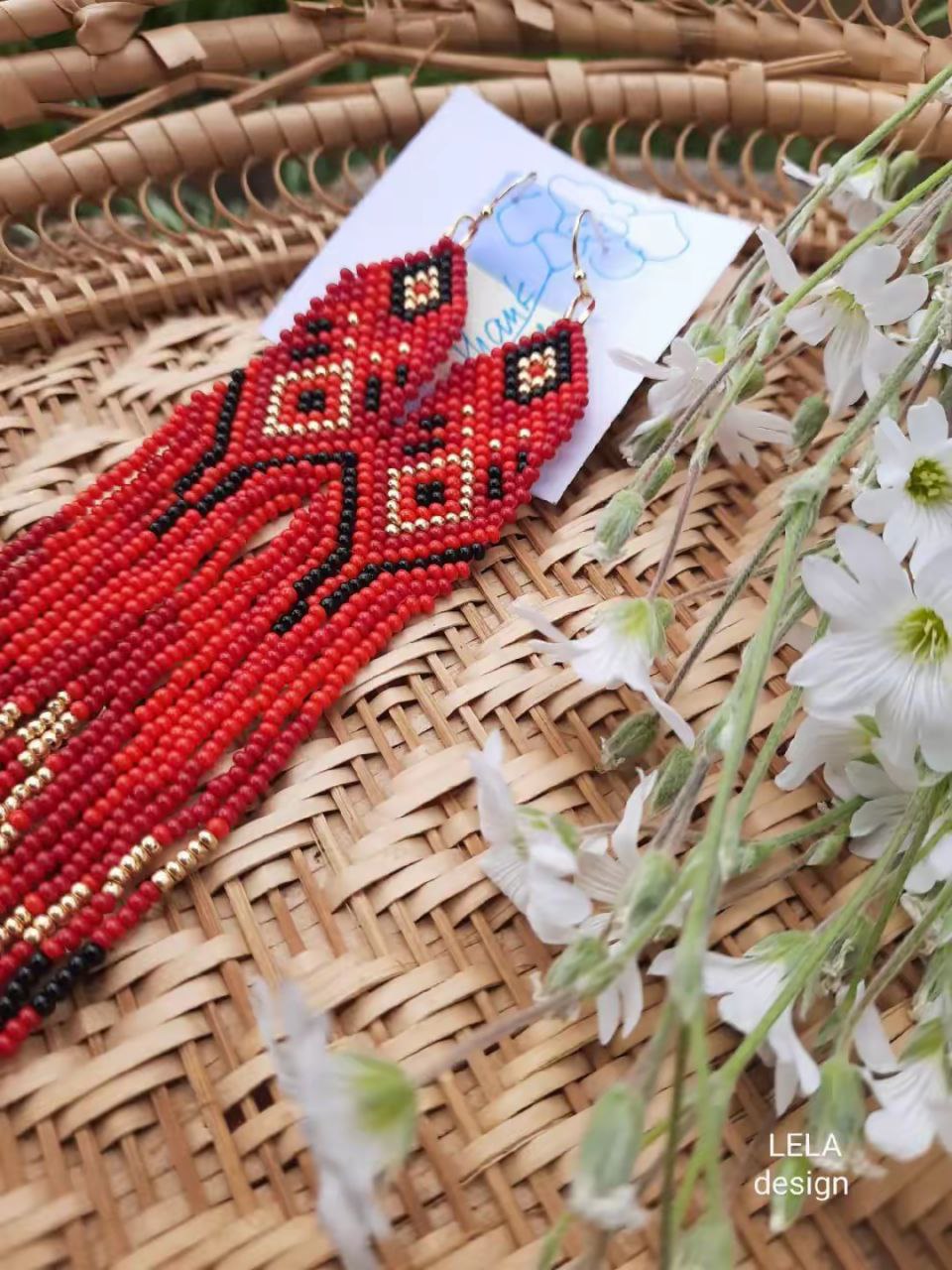 Handmade Long Red Seed Bead Earrings: Boho Tribal Fringe Jewelry