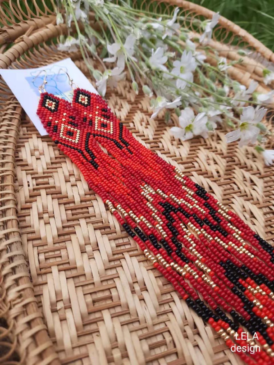 Handmade Long Red Seed Bead Earrings: Boho Tribal Fringe Jewelry