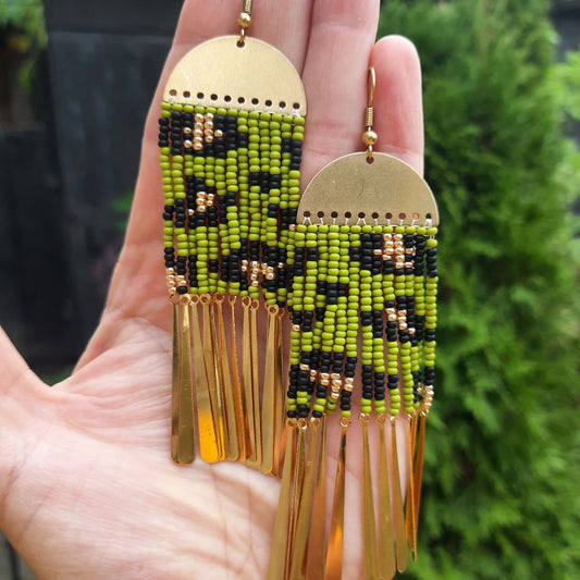 Boho Leopard Beaded Earrings ✨ Green Gold Fringe Jewelry