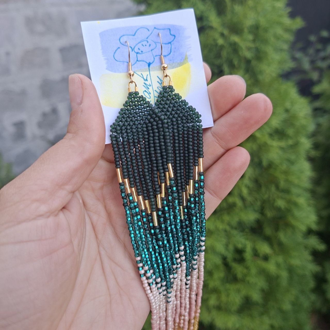 Turquoise and gold handmade fringe earrings with seed beads