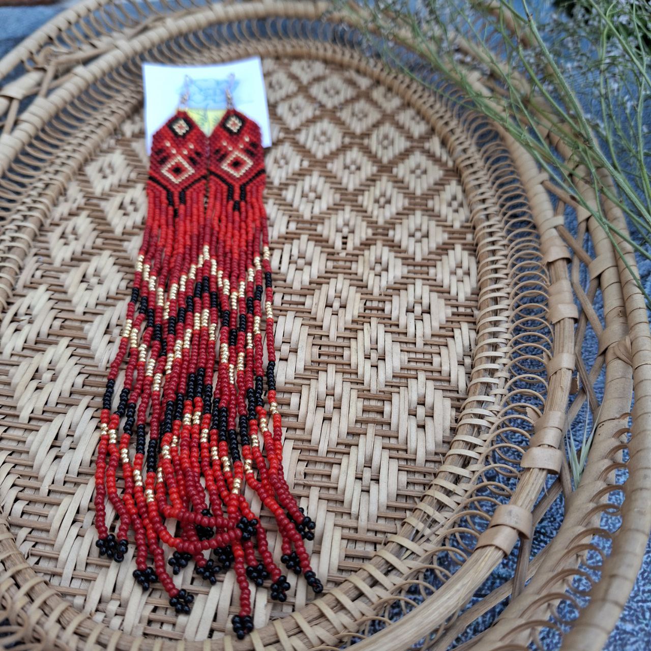 Handmade Long Red Seed Bead Earrings: Boho Tribal Fringe Jewelry