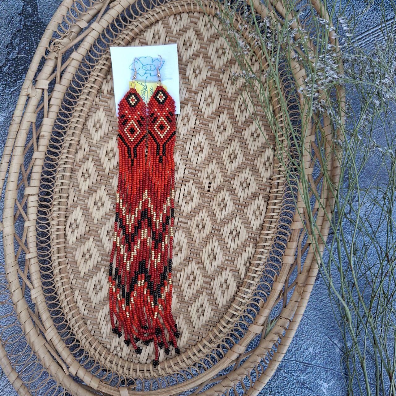 Handmade Long Red Seed Bead Earrings: Boho Tribal Fringe Jewelry