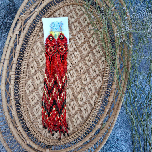 Handmade Long Red Seed Bead Earrings: Boho Tribal Fringe Jewelry