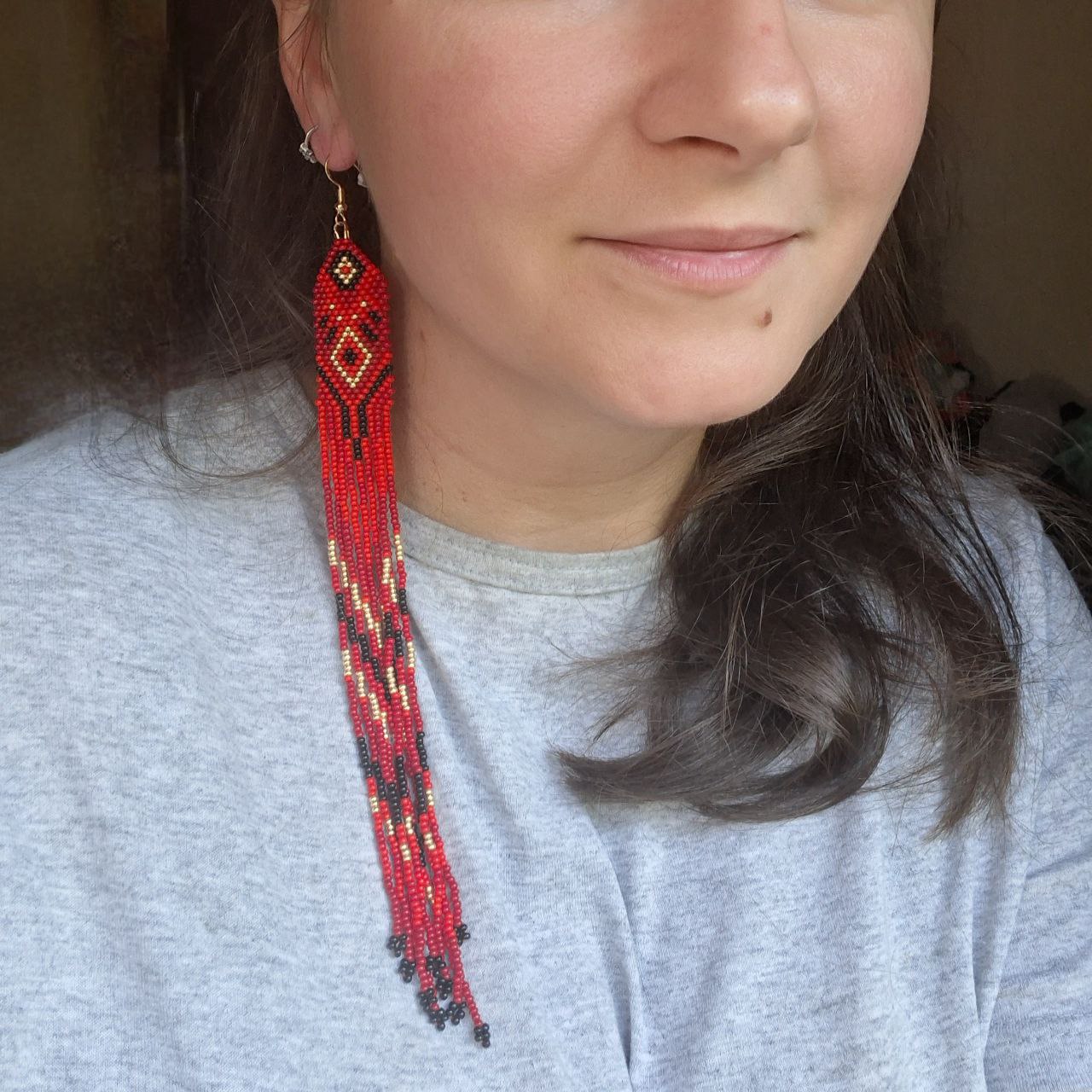 Handmade Long Red Seed Bead Earrings: Boho Tribal Fringe Jewelry