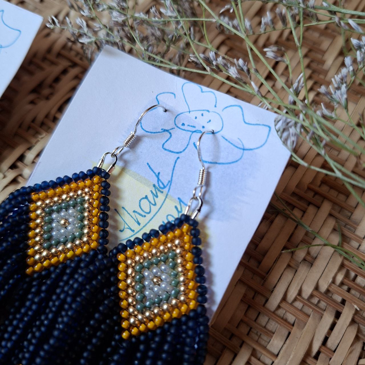 Beaded Fringe Earrings: Navy Blue, Yellow, and Milky Czech Beads