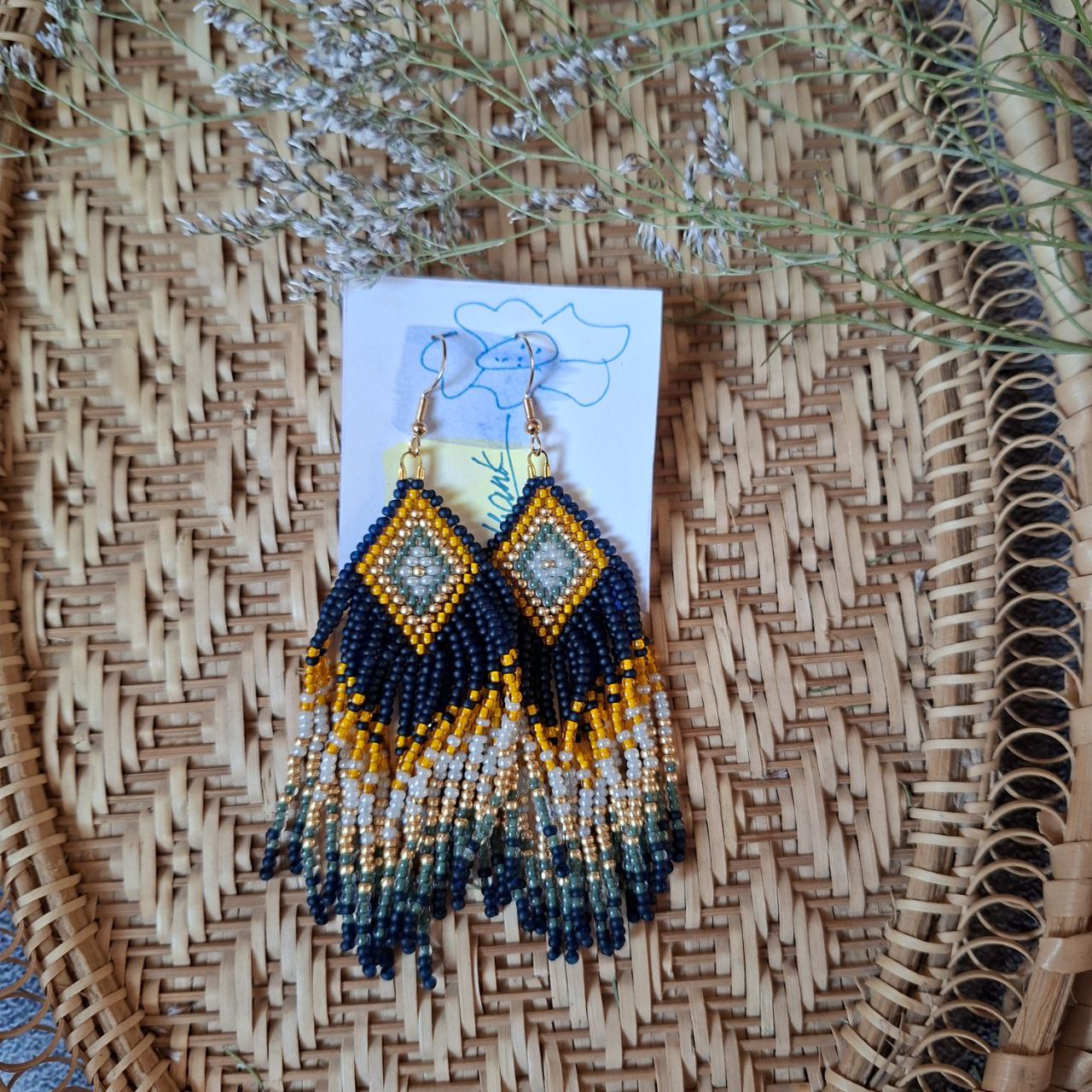 Beaded Fringe Earrings: Navy Blue, Yellow, and Milky Czech Beads